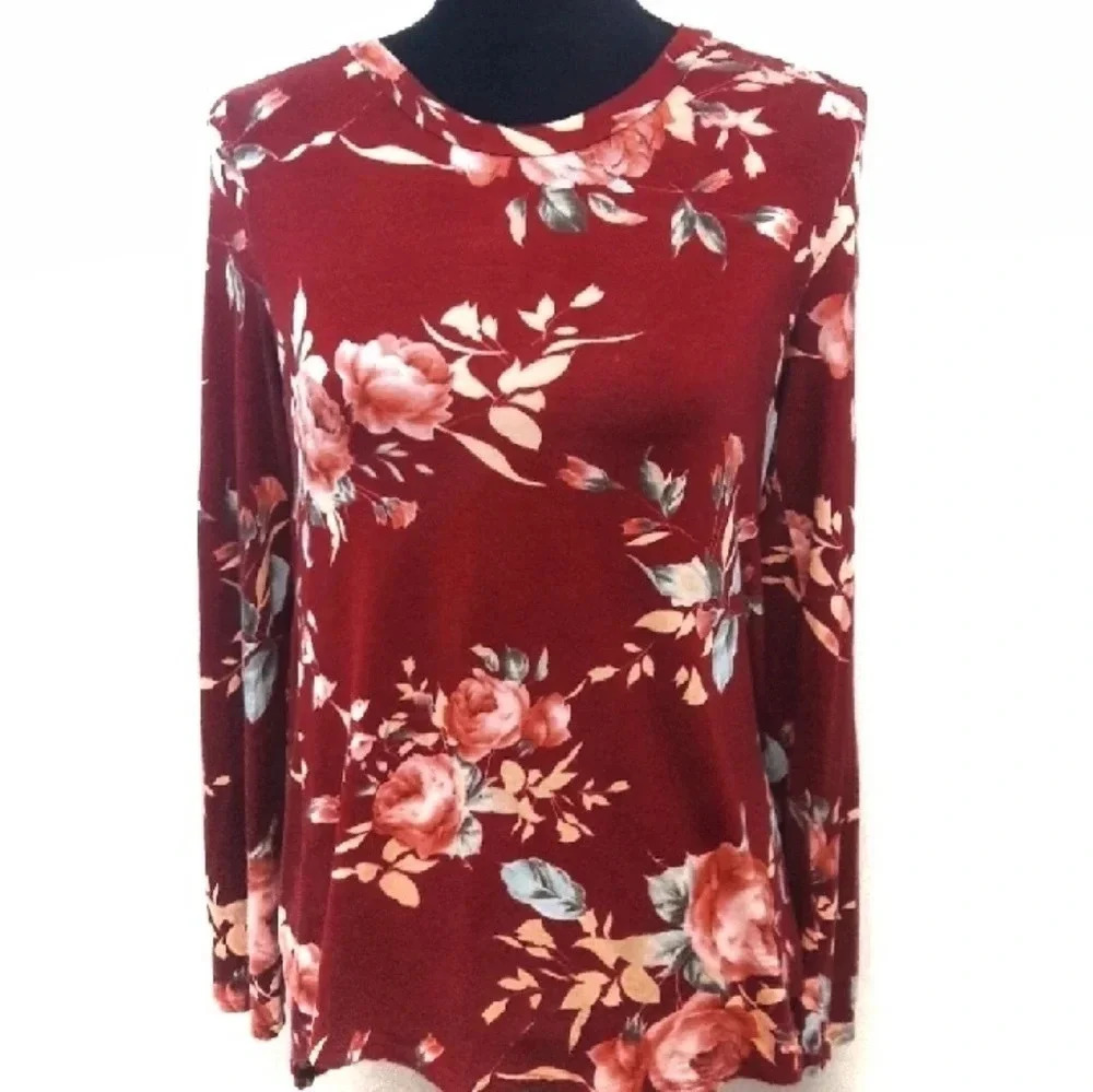 12PM by Mon Ami Rose Floral Long Sleeve Tee Red L